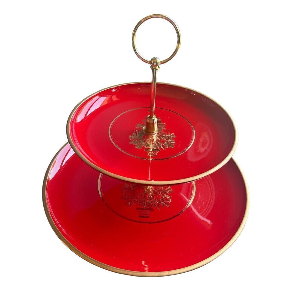 Otagiri Christmas Red Gold Tree Lacquer Two Tiered Tray Appetizer Dessert